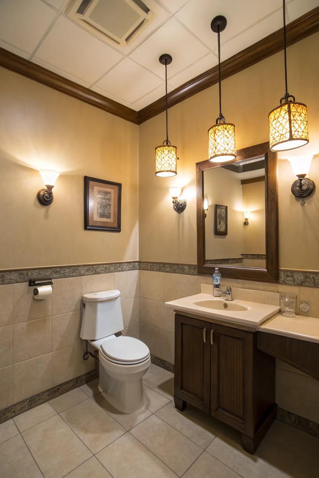 Warm and inviting lighting within a lavatory arrangement.