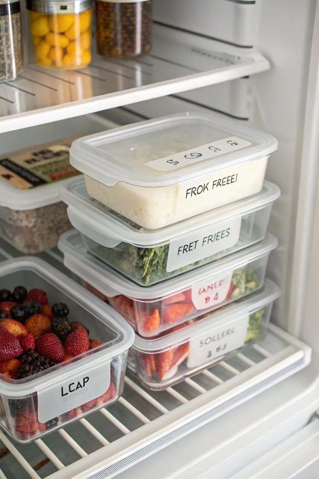 Labeled containers inside a top freezer, each displaying carefully categorized items for straightforward identification.