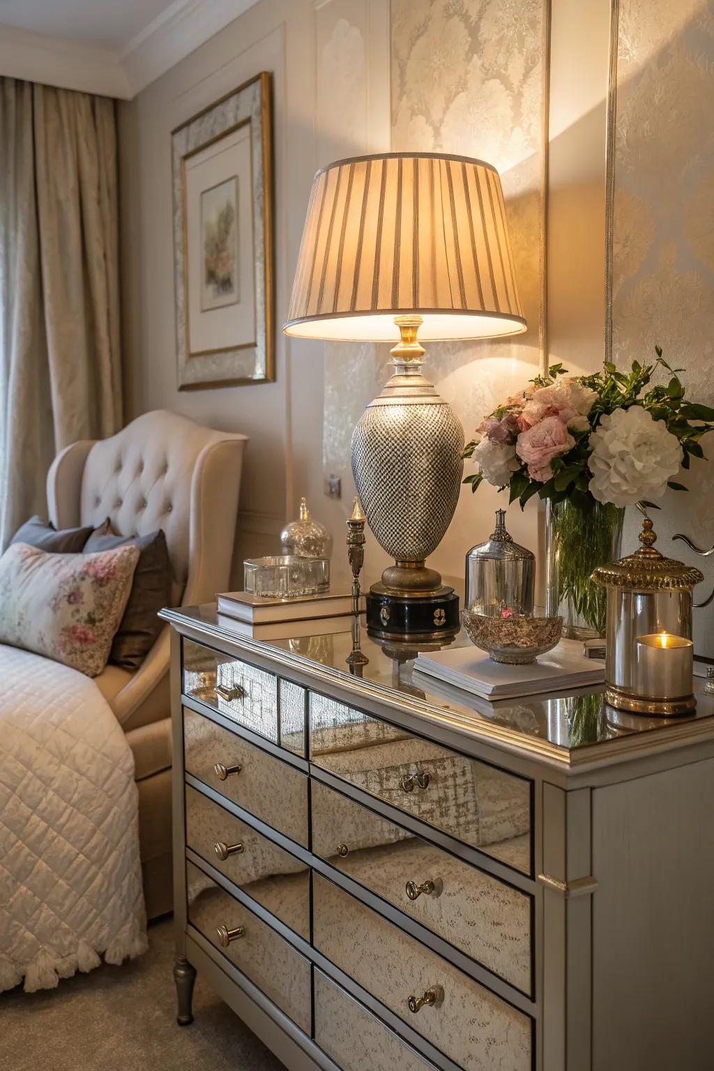 A table lamp enhances a dresser with both light and style.