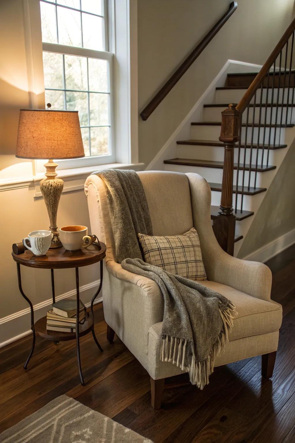 Forge a welcoming alcove through the establishment of a seating enclave at the pinnacle of your staircase.