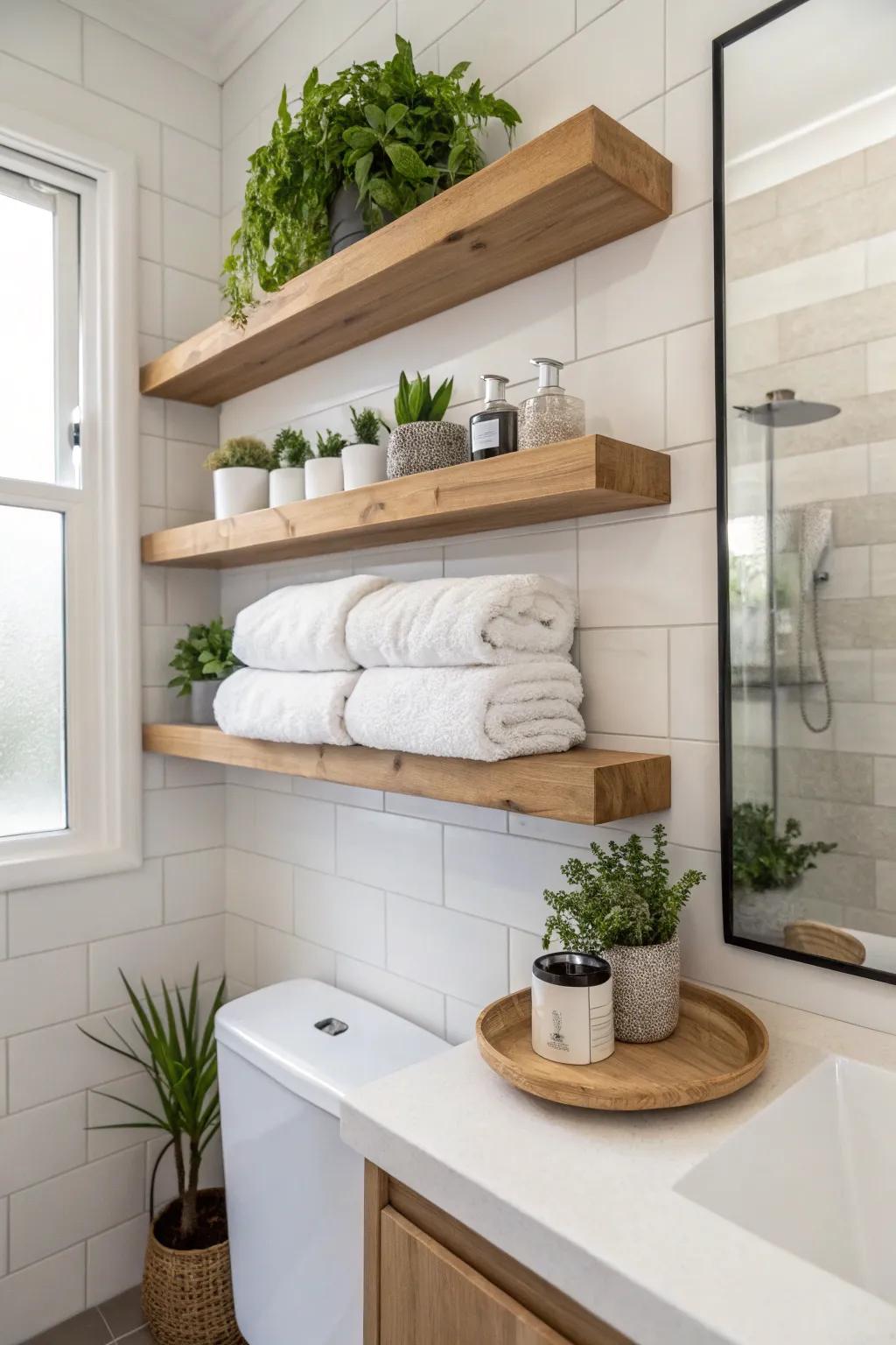 Floating shelves give a simple and stylish way to store towels.
