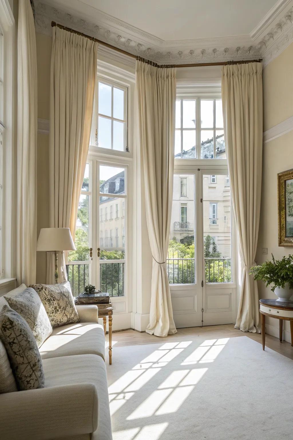 Well-lit room featuring expansive windows and delicate drapes