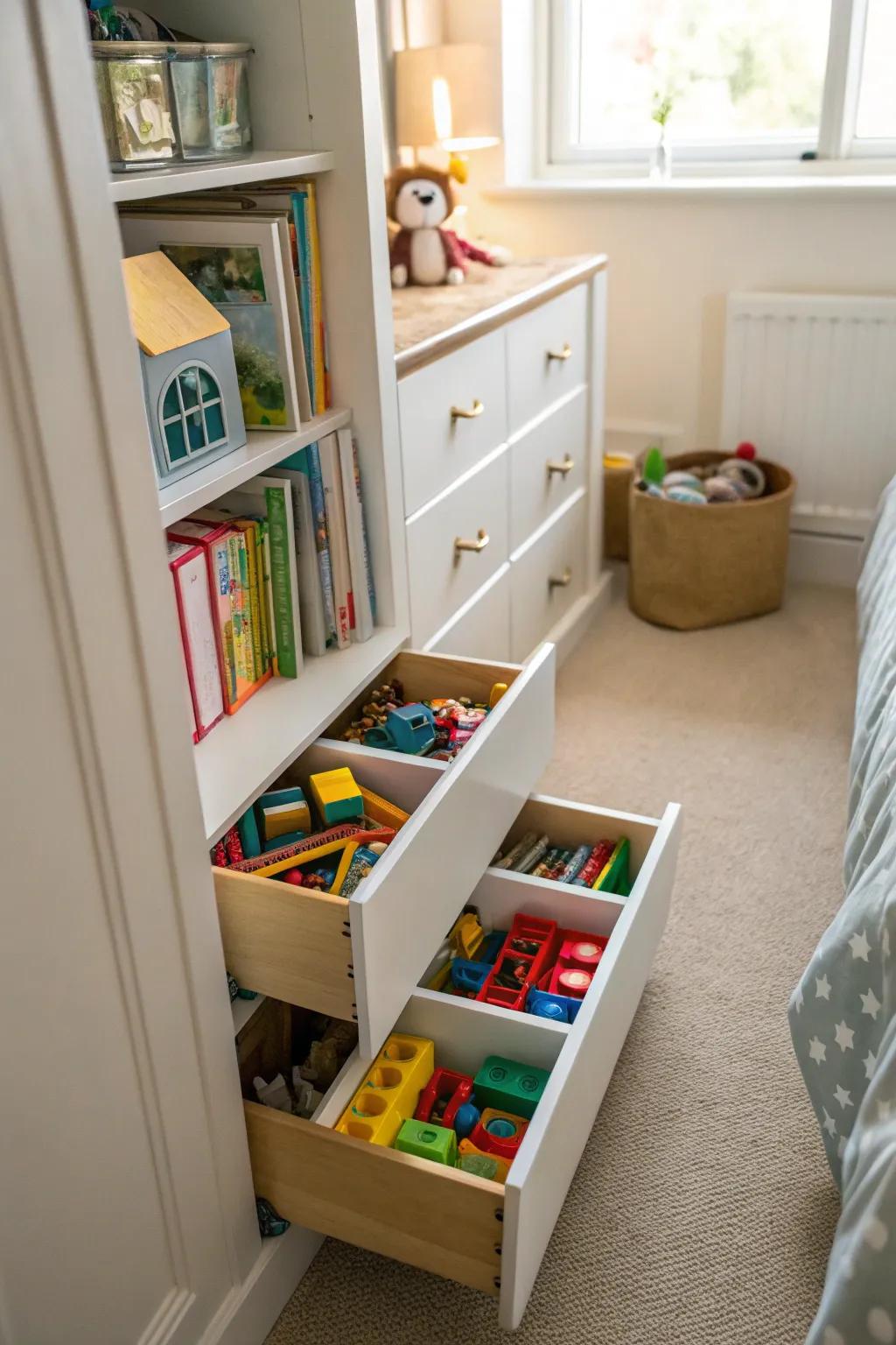 Streamlined drawer modules ensure toys are arranged and easily reachable.