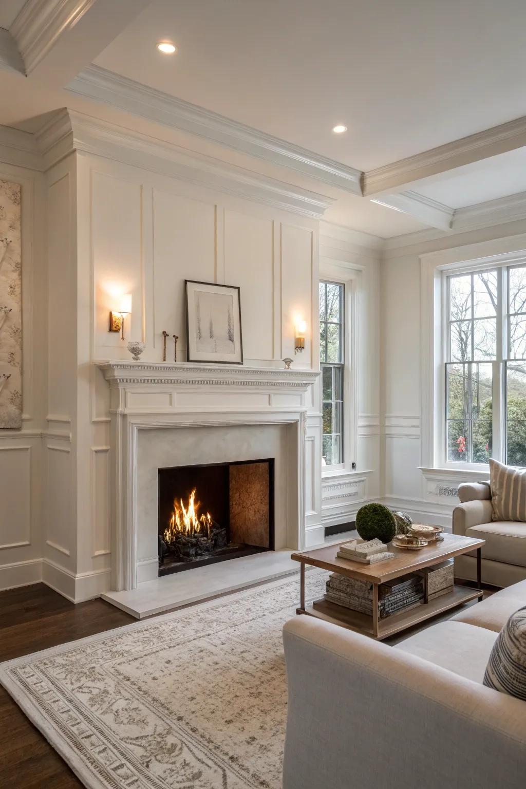 A fireplace painted to match the room's walls.