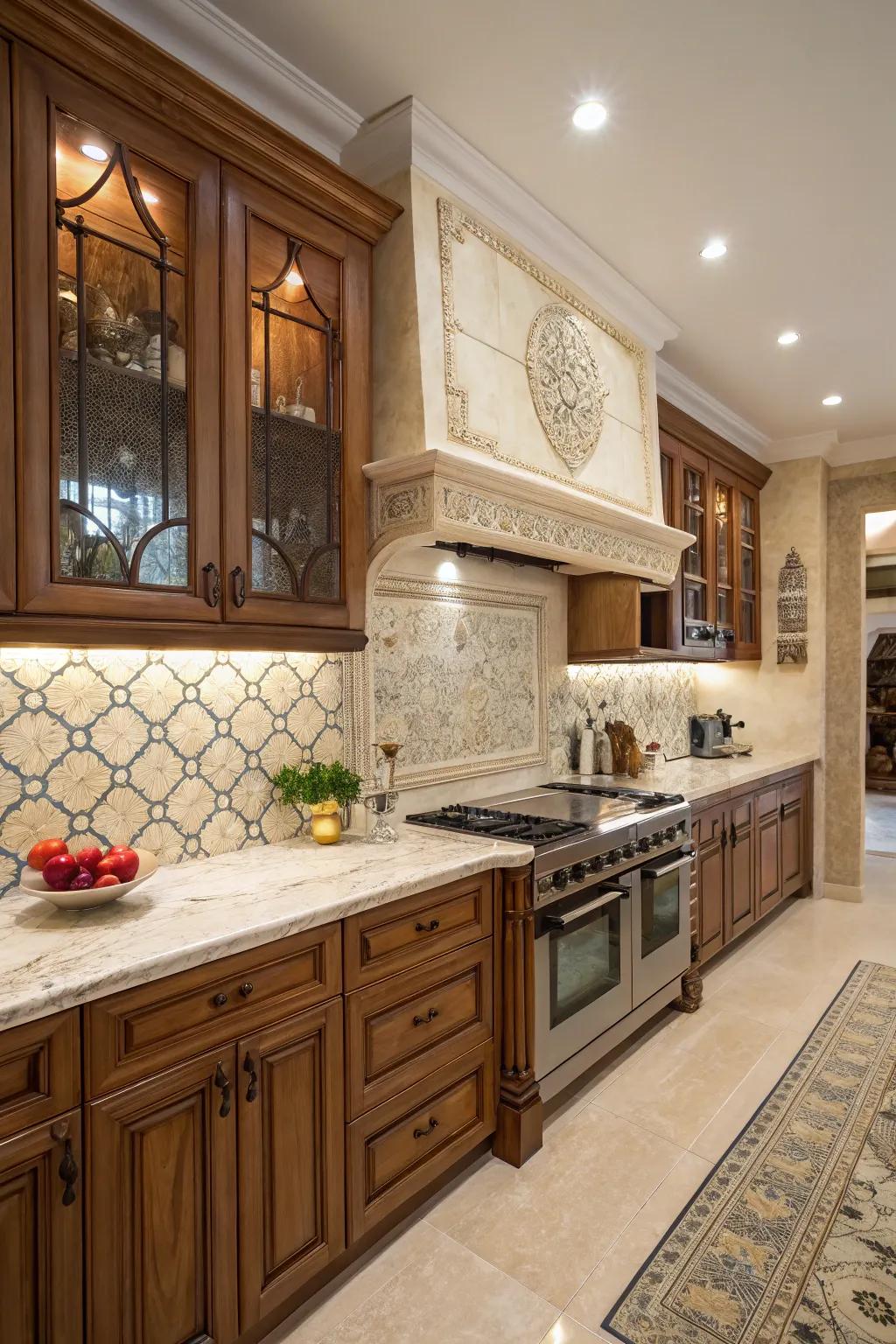 The sophisticated marble surfaces introduce a touch of grandeur into this classic kitchen.