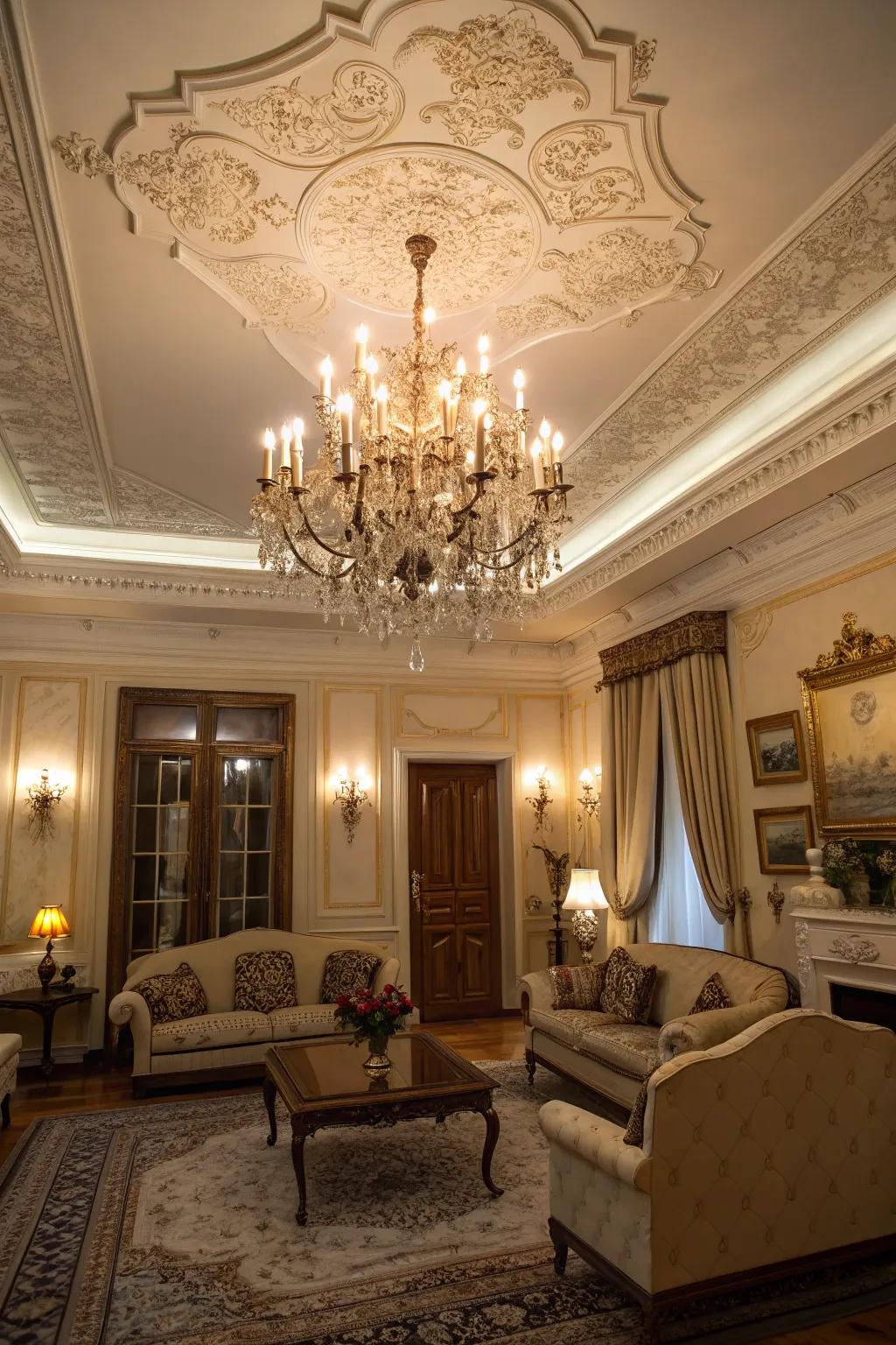 Elaborate accents, such as chandeliers, infuse individuality into a traditional relaxation space.