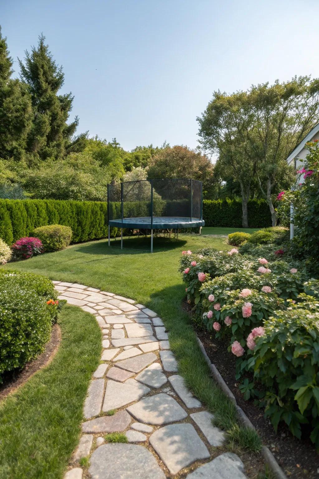 A whimsical stone path guiding people to the bouncer.