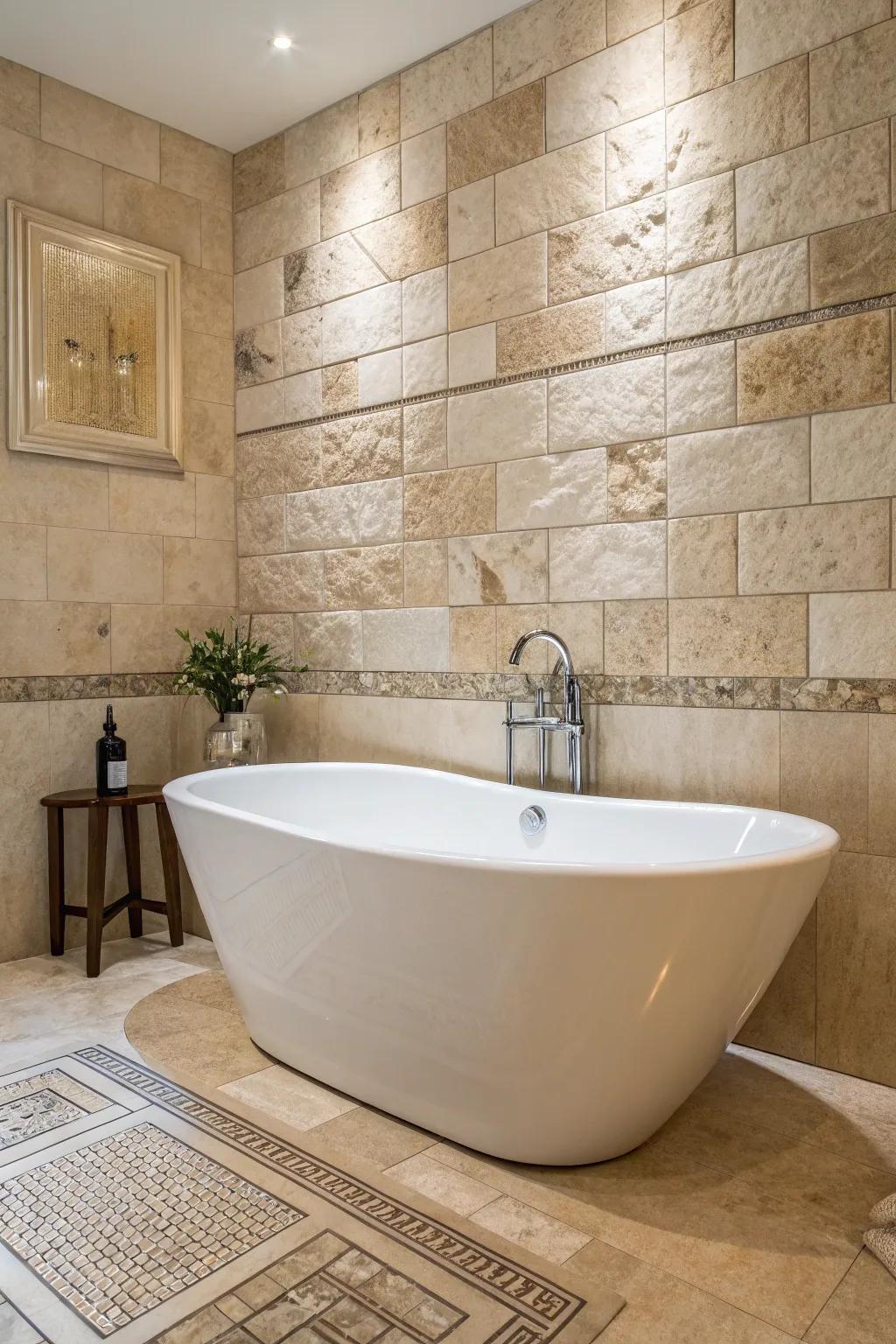 A freestanding bathtub positioned elegantly against a wall of travertine tiles.