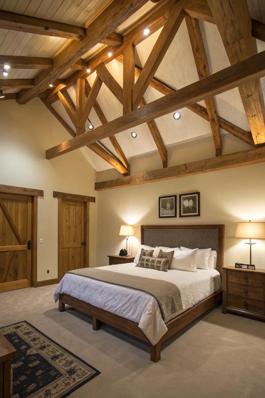 A bedroom that includes wooden beams in a tray ceiling for a country touch.