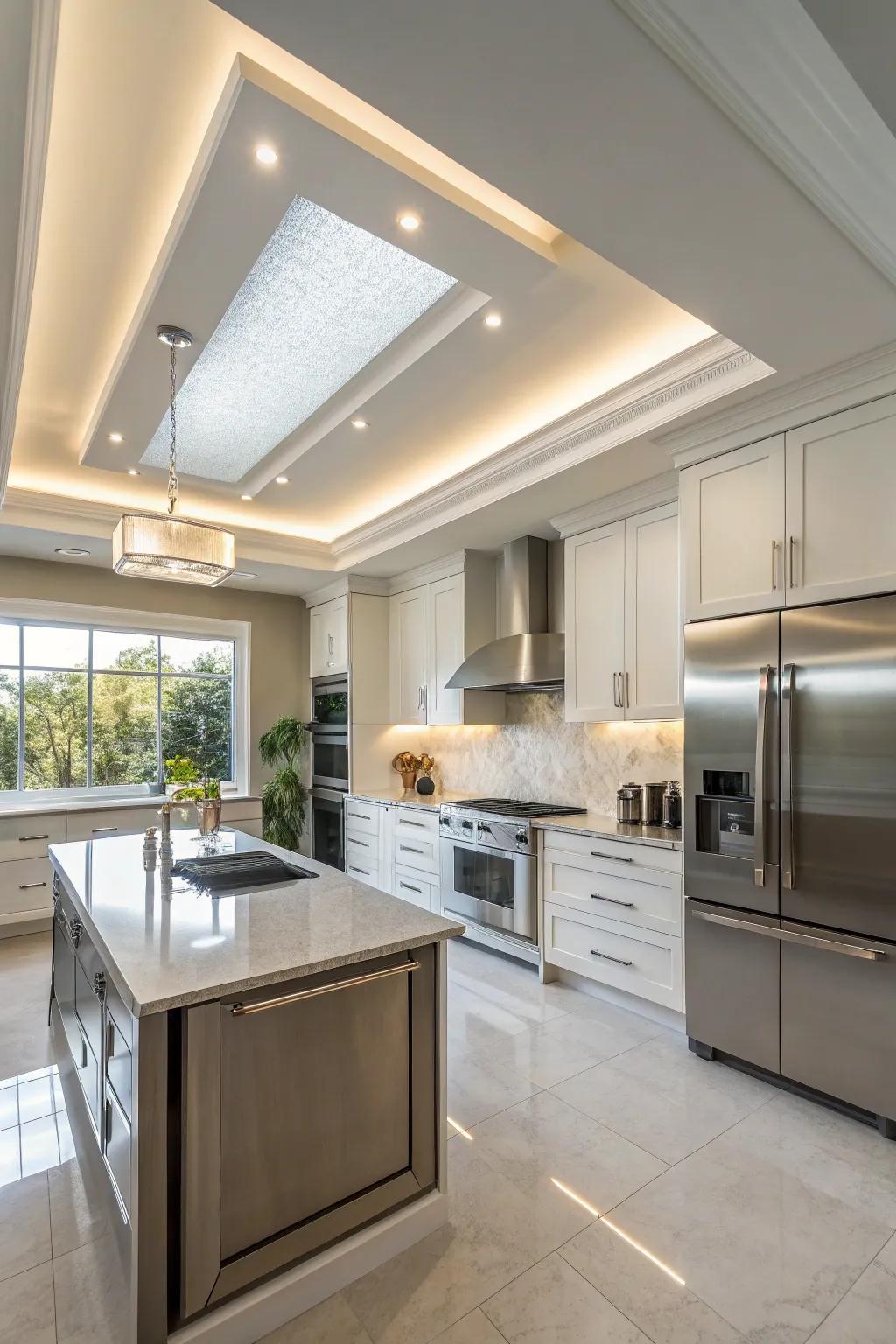 A contemporary kitchen showcasing a stylish tray ceiling.