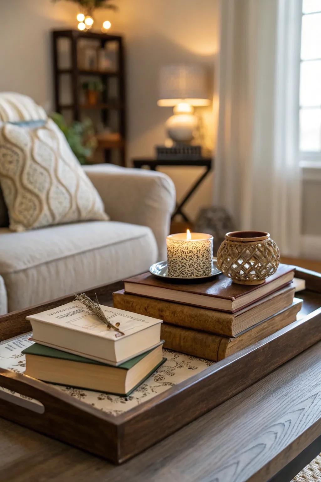 Showcase personality and flair with books on a tray in your living room.