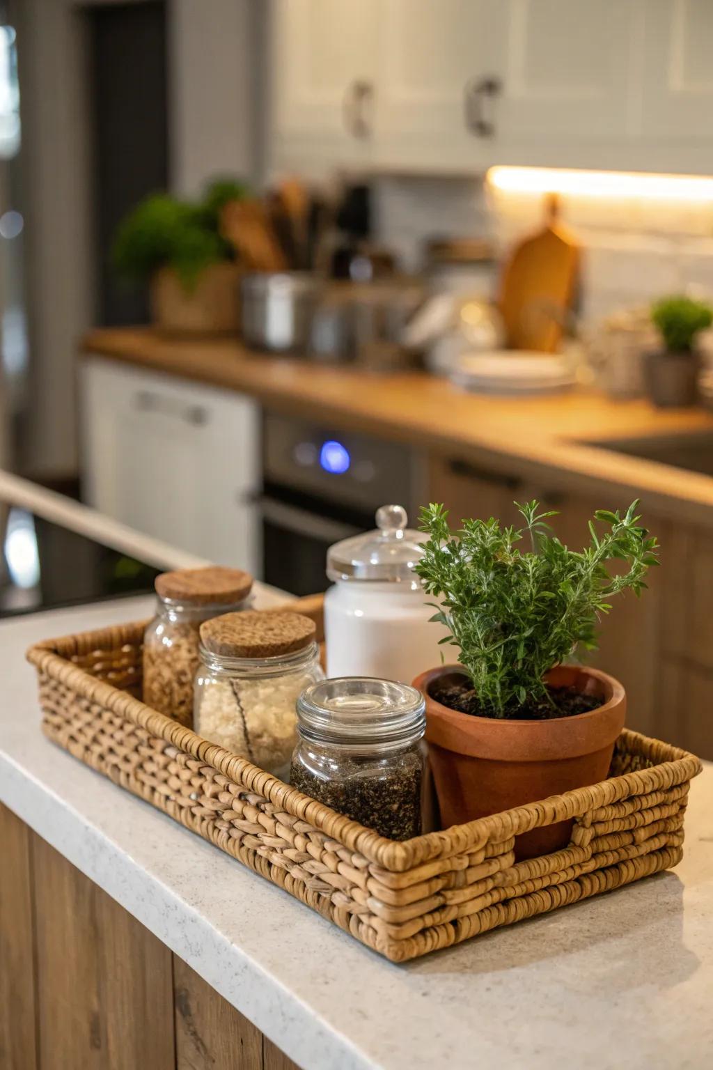 A rustic kitchen countertop adorned with a charming woven basket tray.