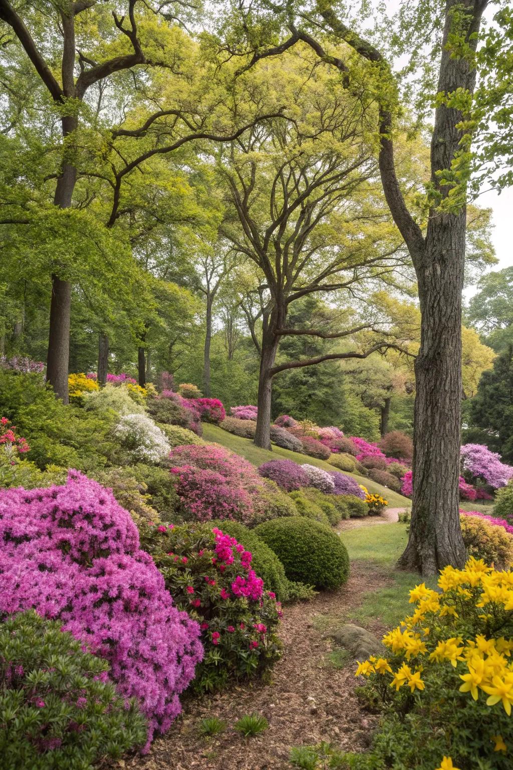 Incorporate color and texture by blending trees with flowering vegetation.