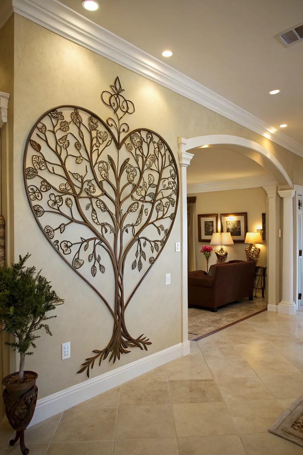 Heart-shaped Arbor Vitae metallic art embellishes an entrance hall wall.