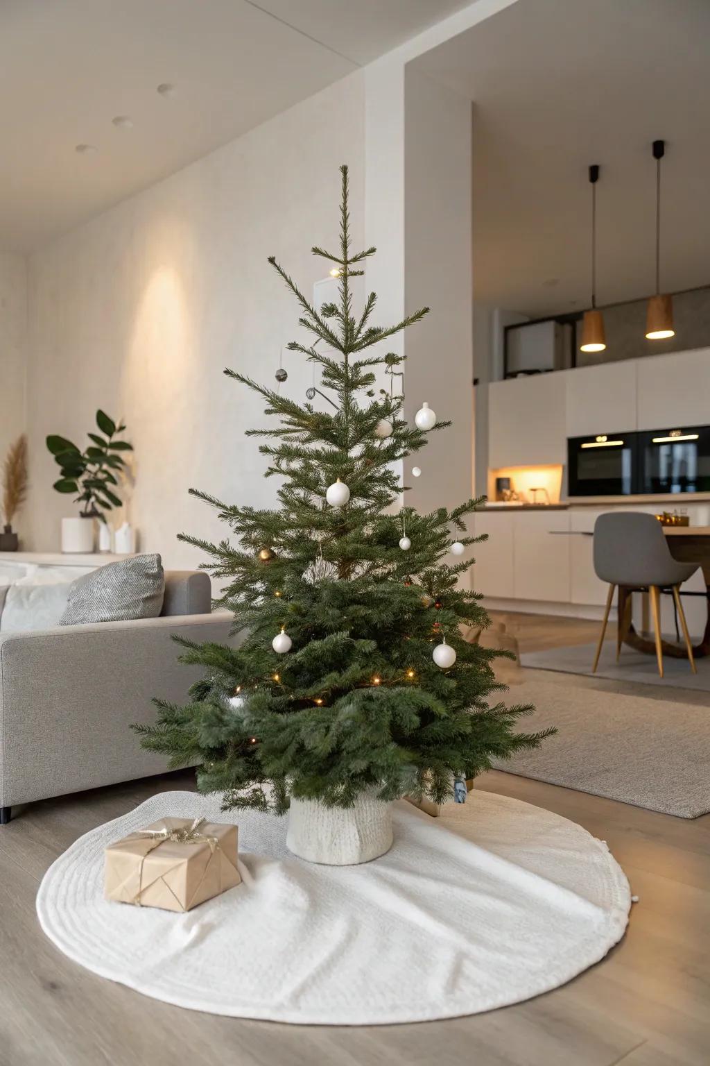 A minimalist tree skirt complements a modern Christmas tree design.
