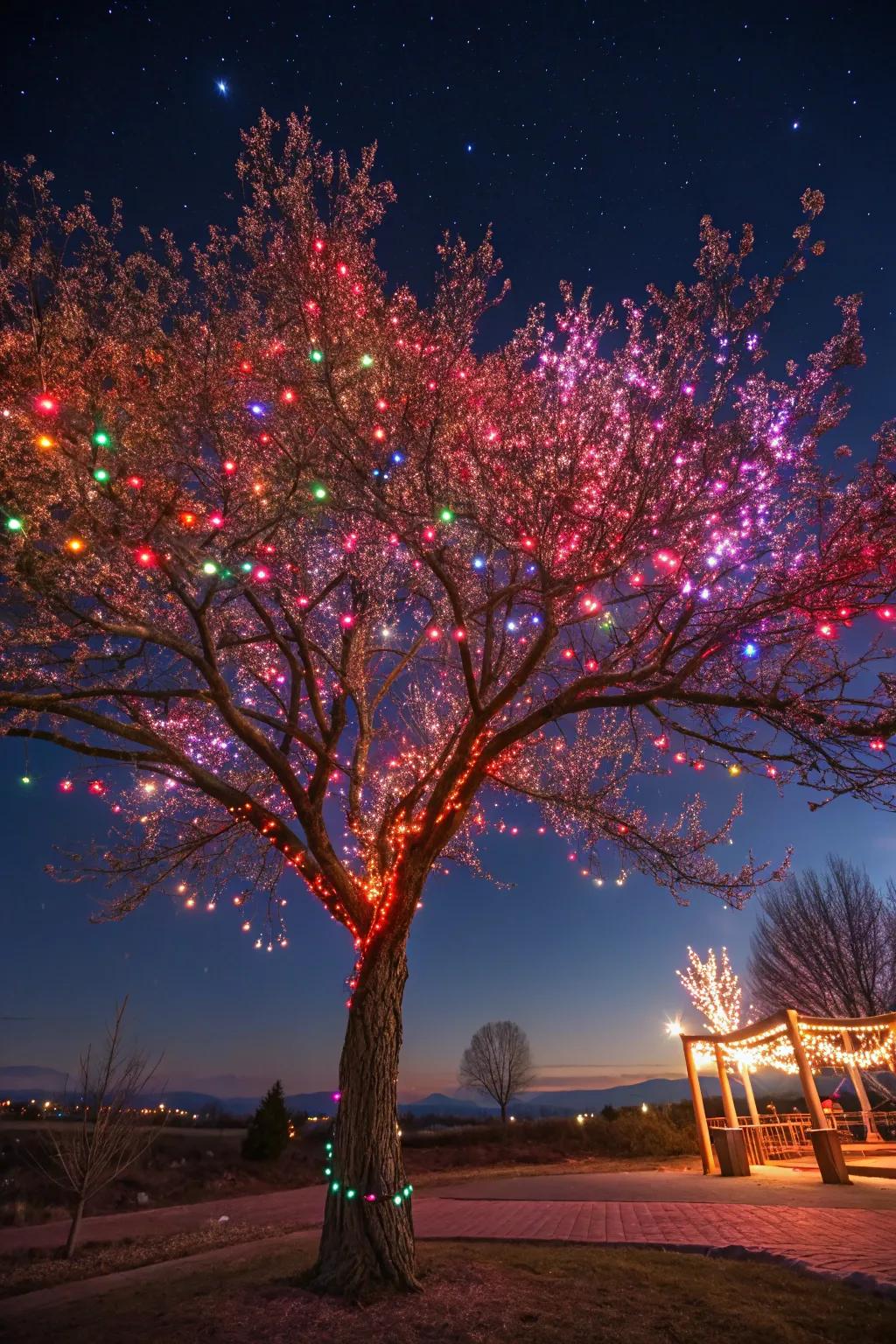 Vibrant lights awaken a tree with luminous tones.