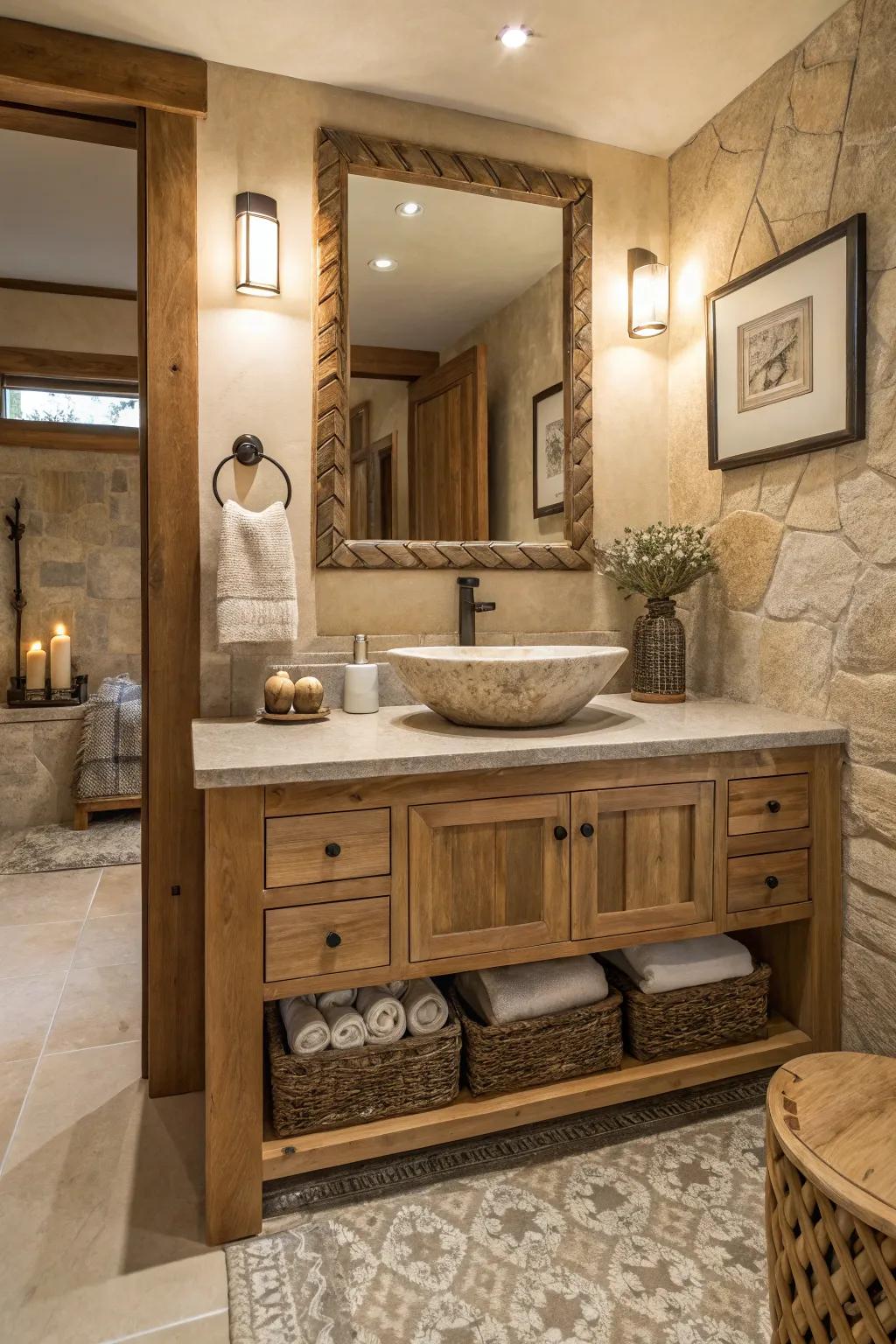 A bathroom showcasing a vanity crafted from organic materials, adding warmth and visual interest.