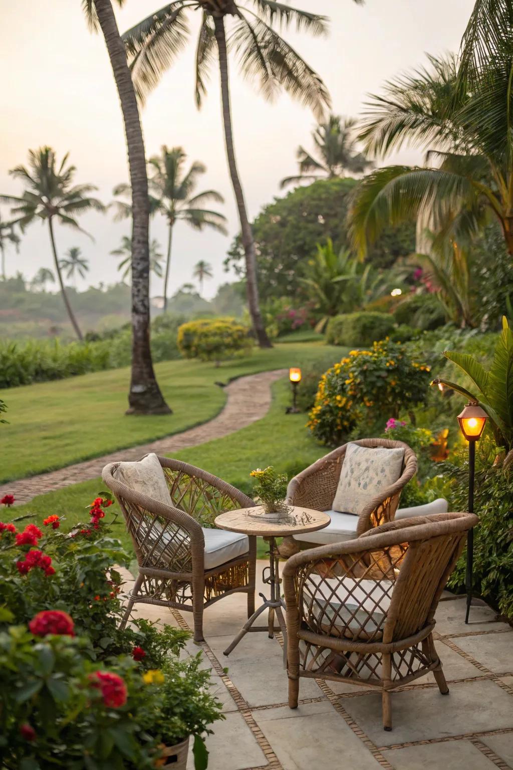 A snug lounge spot surrounded by tropical vegetation, ideal for peace.