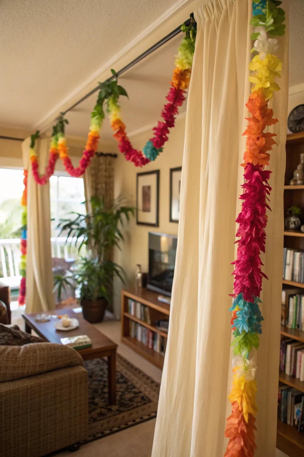 Floral garlands as drape ties infuse a tropical inflection into your windows.