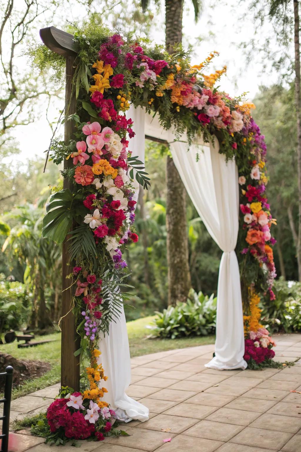 A breathtaking arch bursting with radiant tropical flowers.