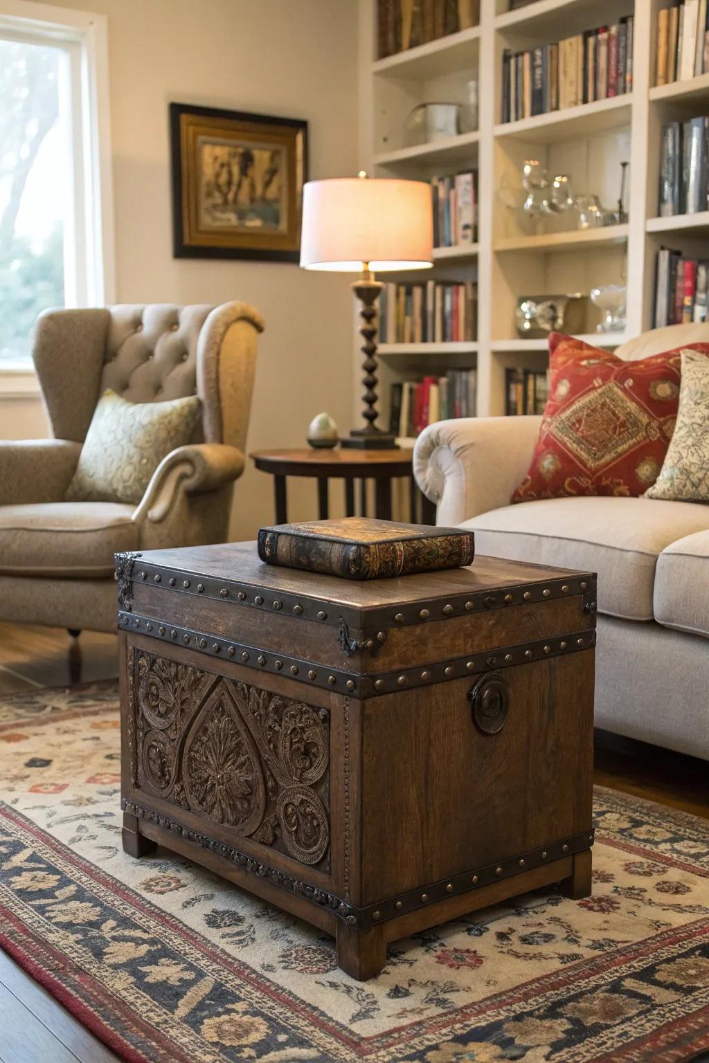 A country-style trunk transforms into an endearing side table, perfect for a lamp and your favorite book.
