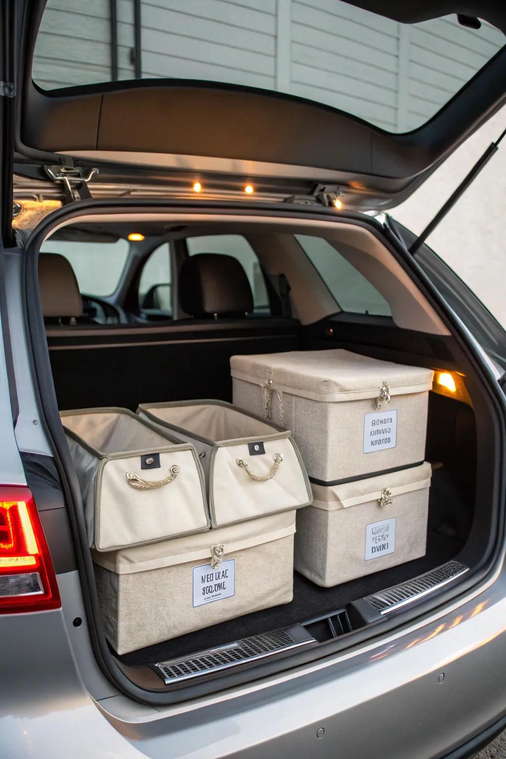 For secure and quiet trunk organization, use fabric boxes with hook and loop.