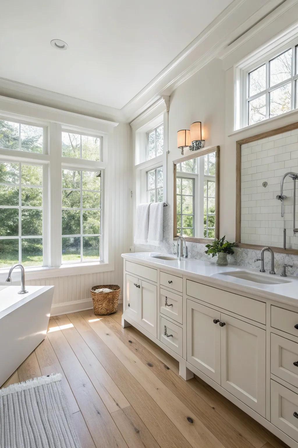 A radiant, neutral palette fashions a roomy and inviting bathroom atmosphere.