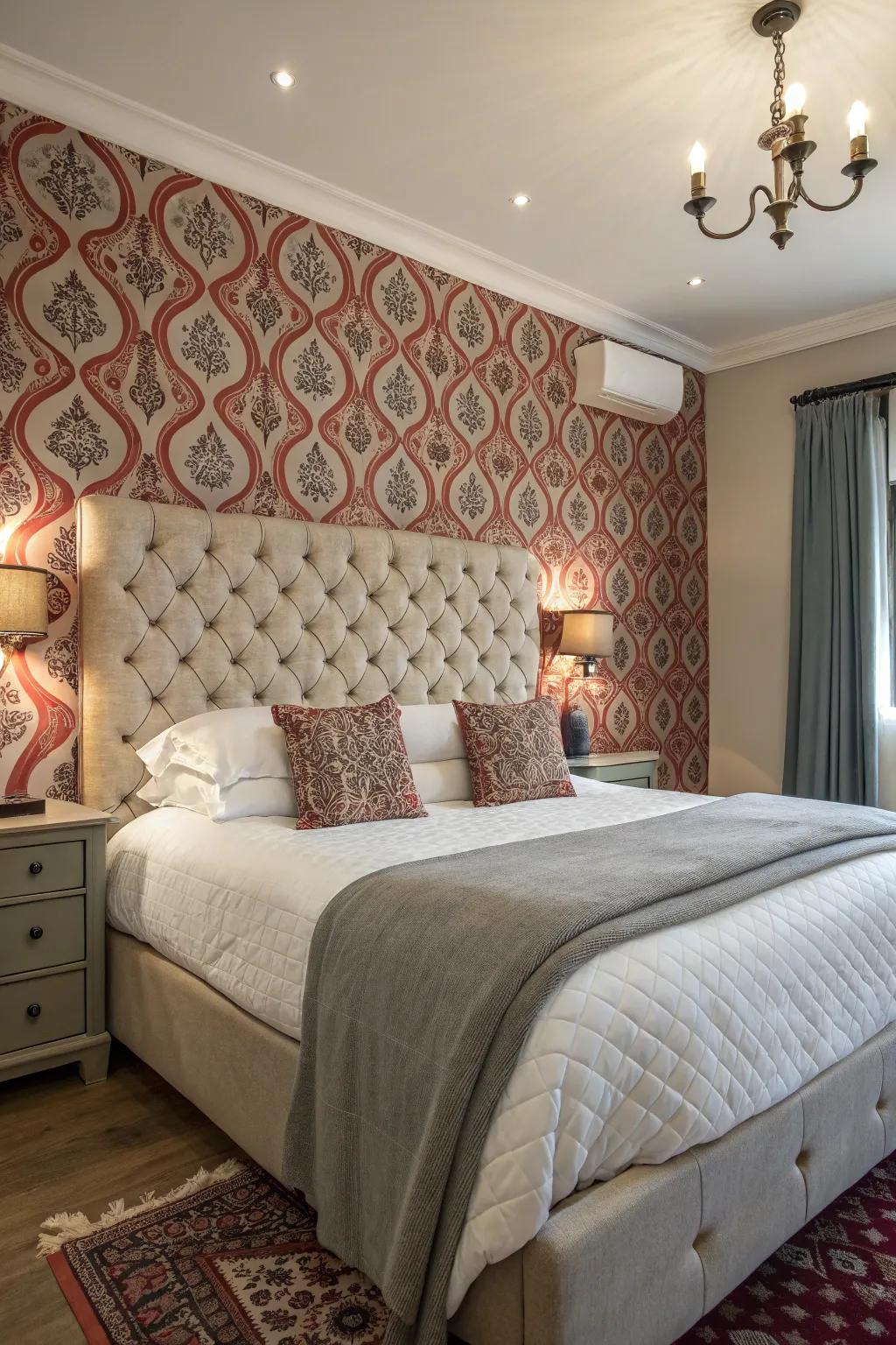 A striking bedroom boasts a tufted headboard set against a bold backdrop.