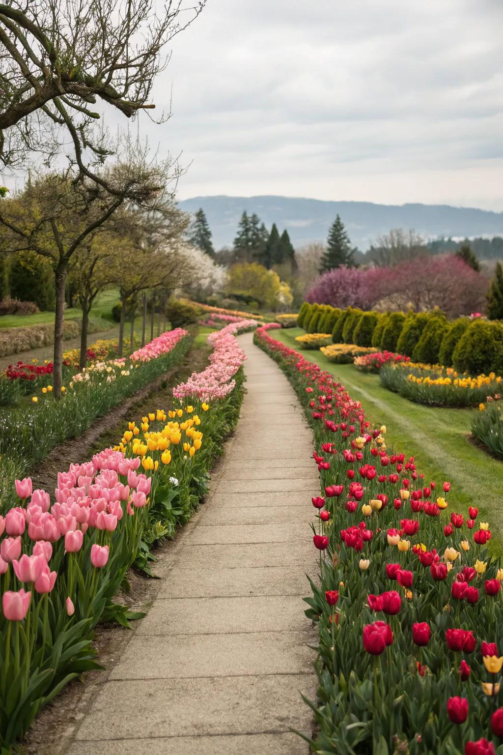 A whimsical pathway lined with tulips, adding elegance and color to the garden journey.