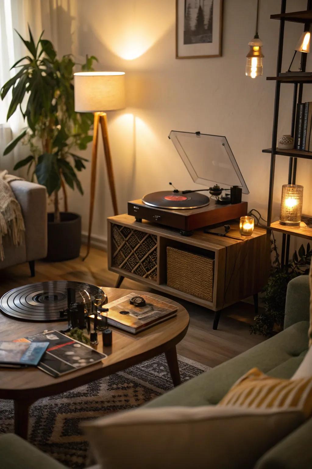 Soothing lights adding warmth to a record player area.