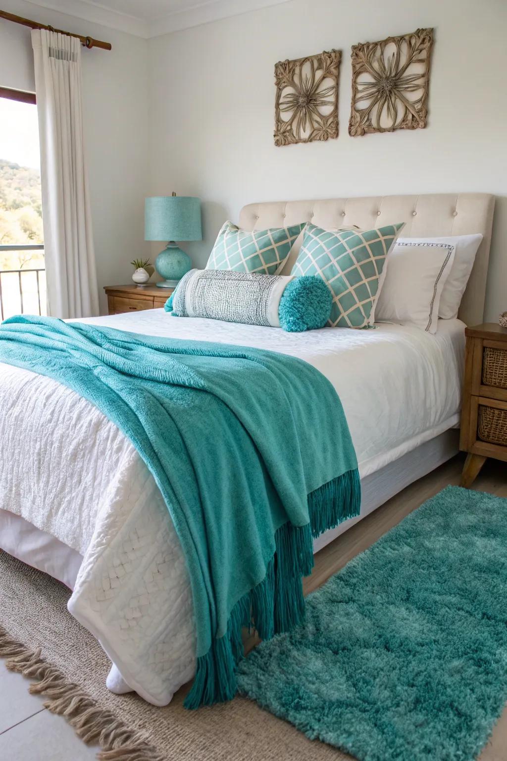 Turquoise textiles contribute an element of color and comfort, rendering this bedroom exceptionally inviting.