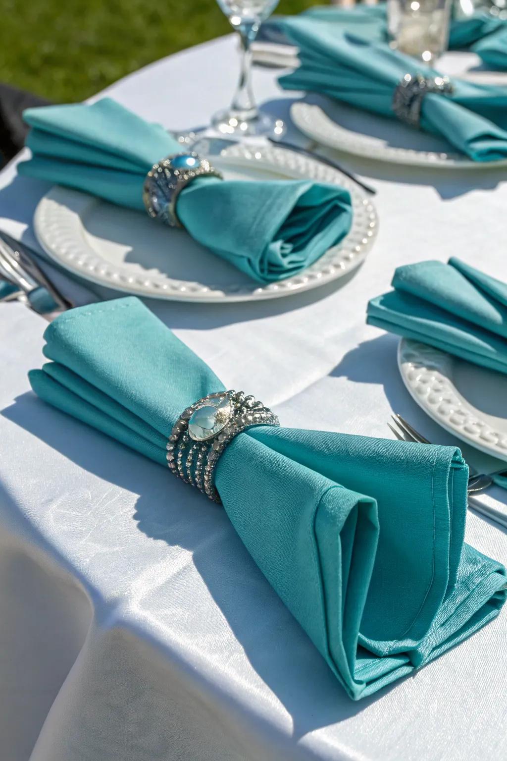 Teal napkins paired with ornamental rings bring grace and panache.