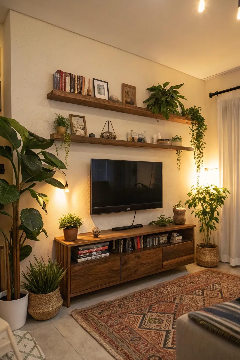 Suspended display ledges and verdant plants enliven this TV feature wall, fostering a vibrant atmosphere.