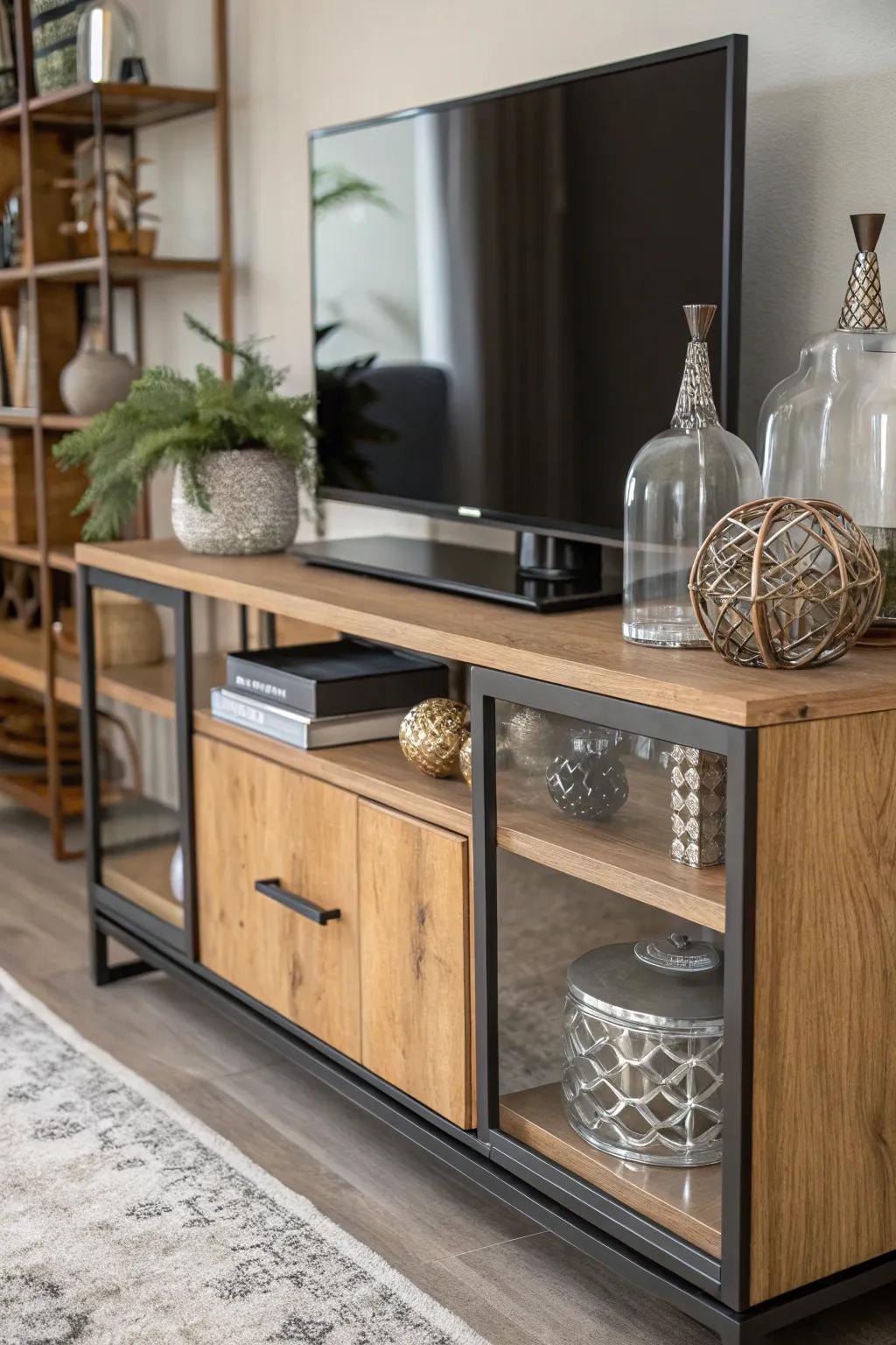 Incorporating various materials like wood, metal, and glass on a media console.