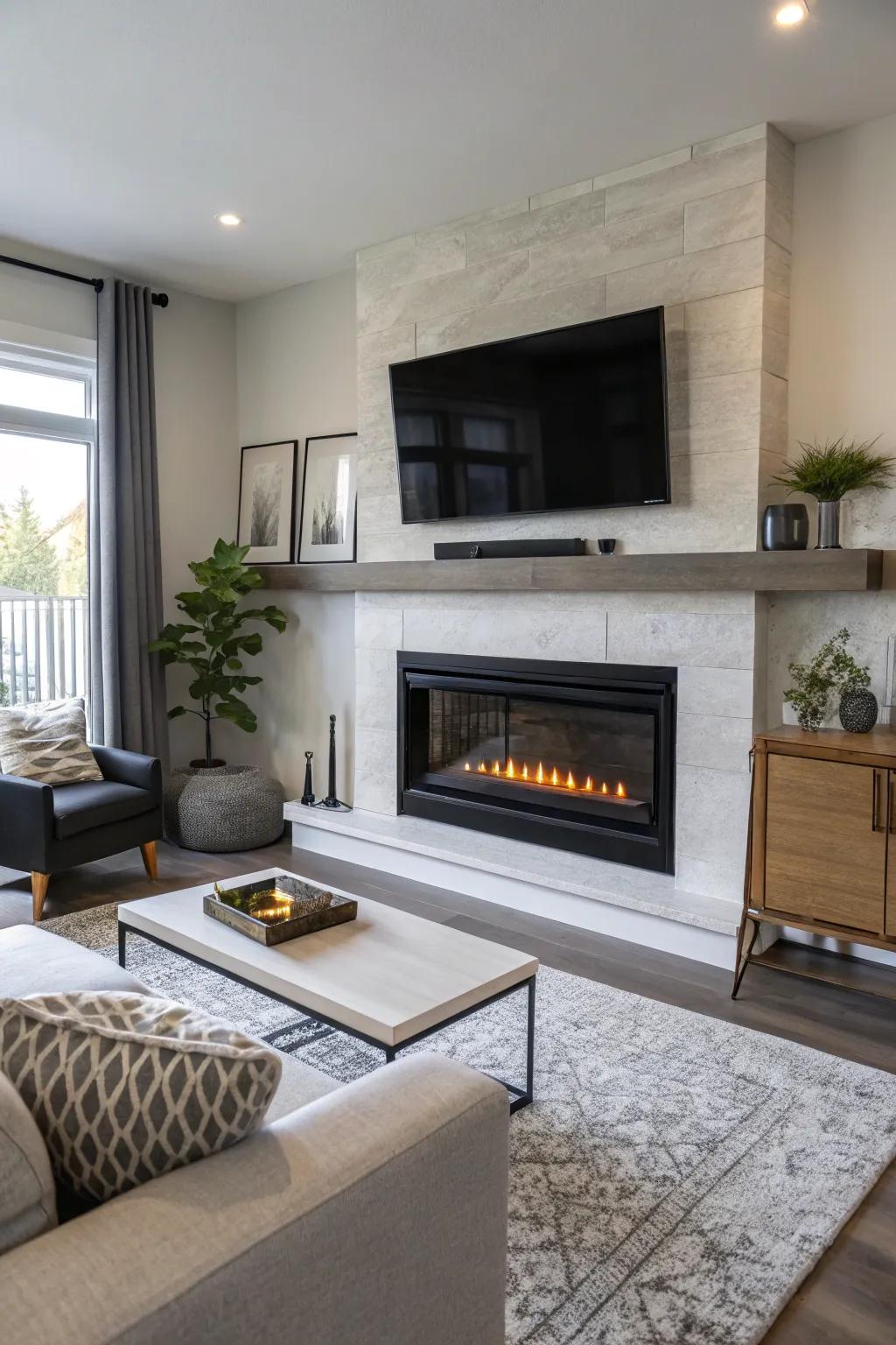 A balanced TV and fireplace setup, providing both warmth and refined aesthetics.