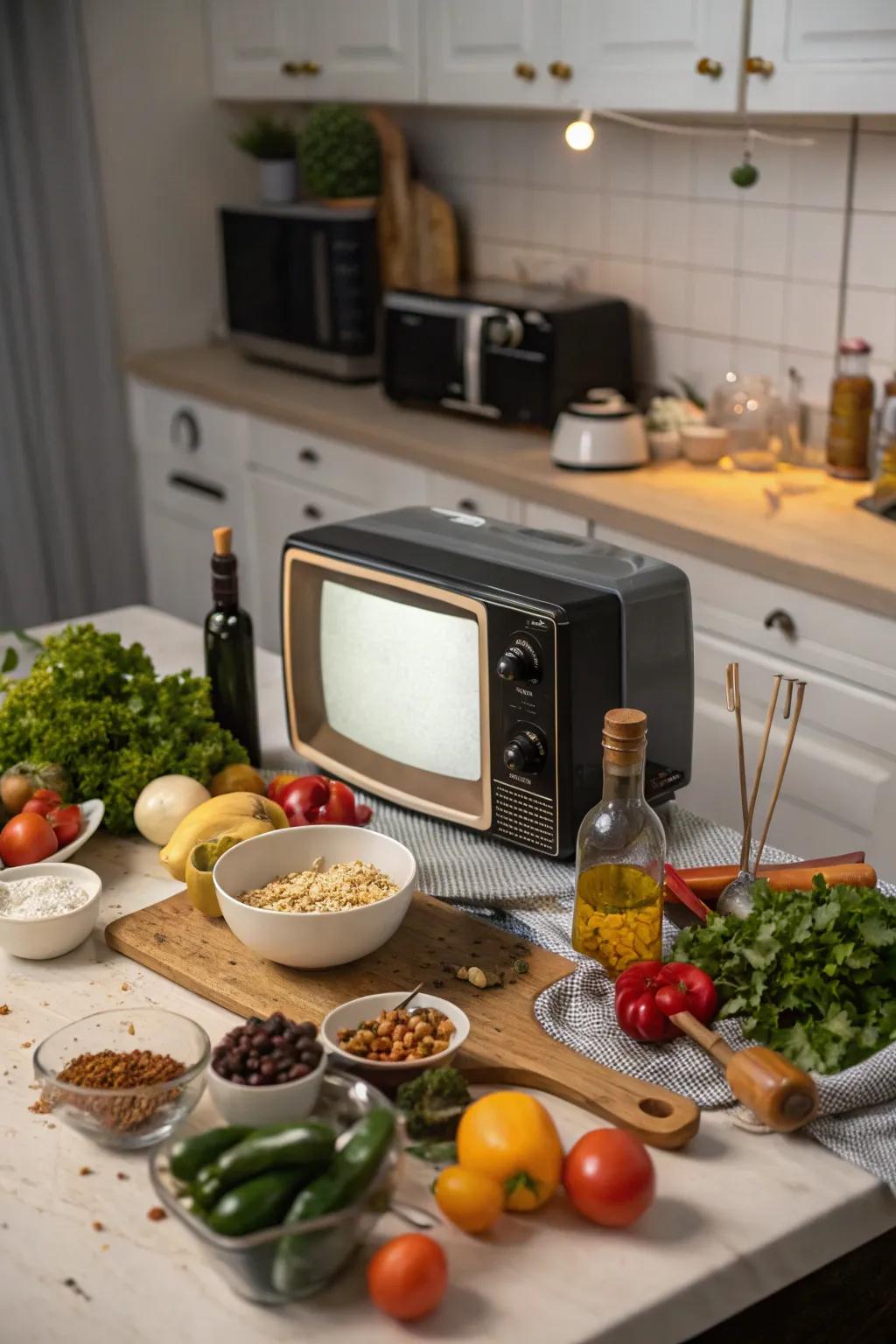 A small panel display positioned on the cooking area's surface for simple viewing while cooking.