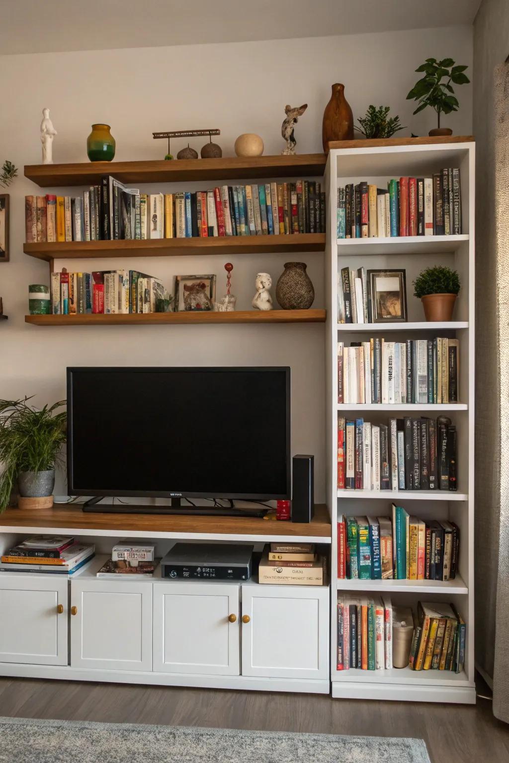 Shelving around the TV stand adds storage and flair.