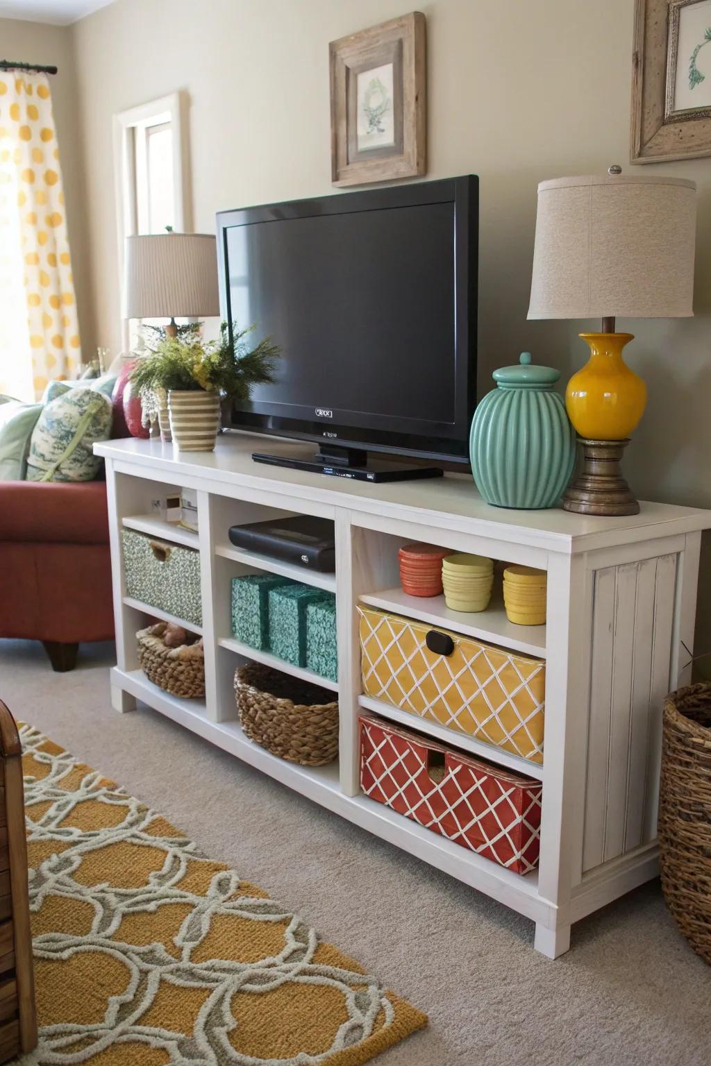 Color coordination brings the TV area into the room’s overall feel.