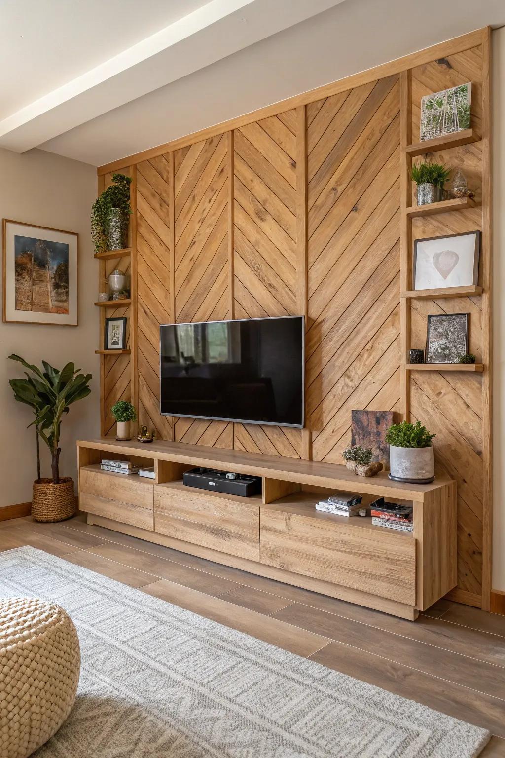 Timber accents provide a warm essence to this TV wall design.