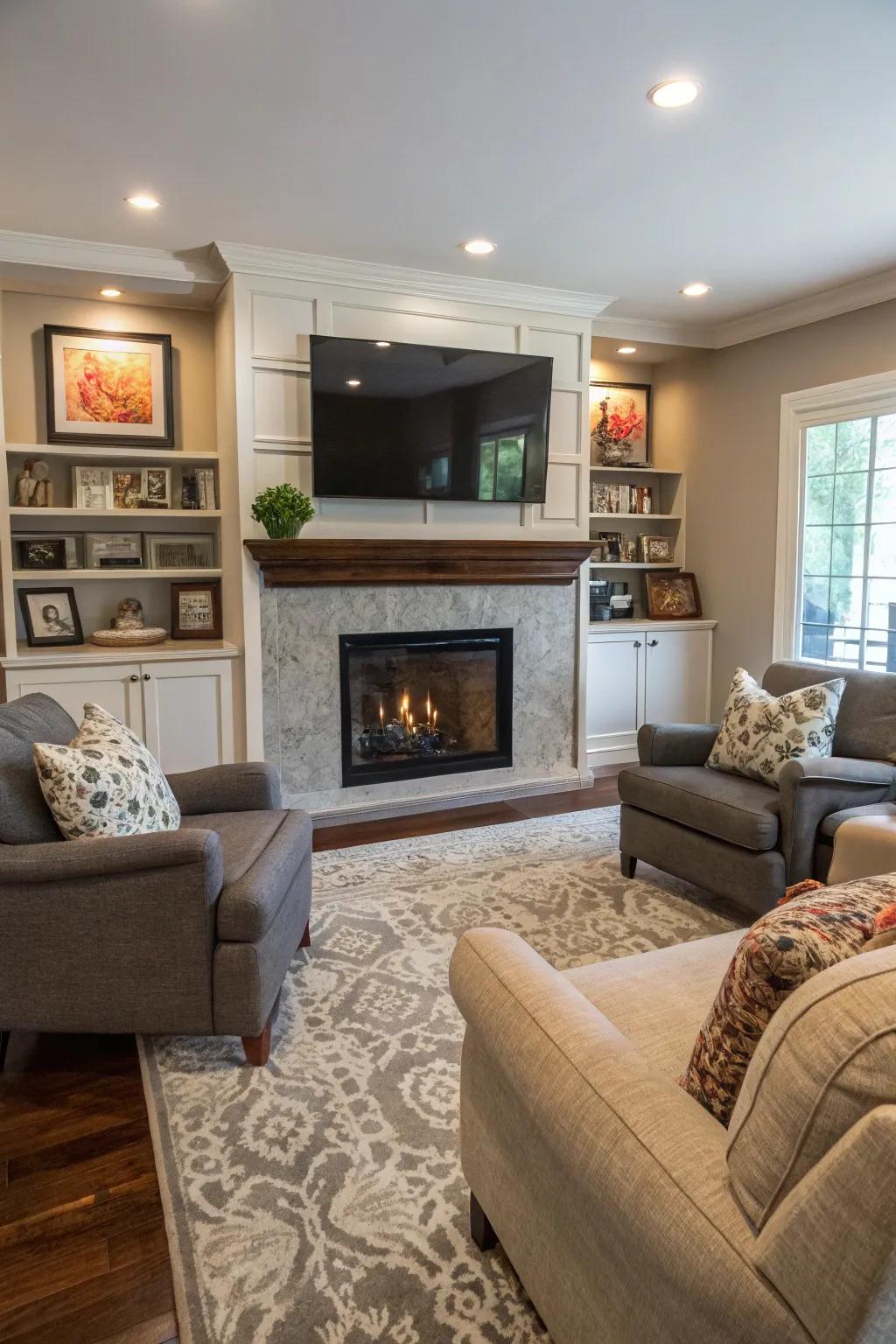 Unite coziness and amusement by integrating with a hearth.