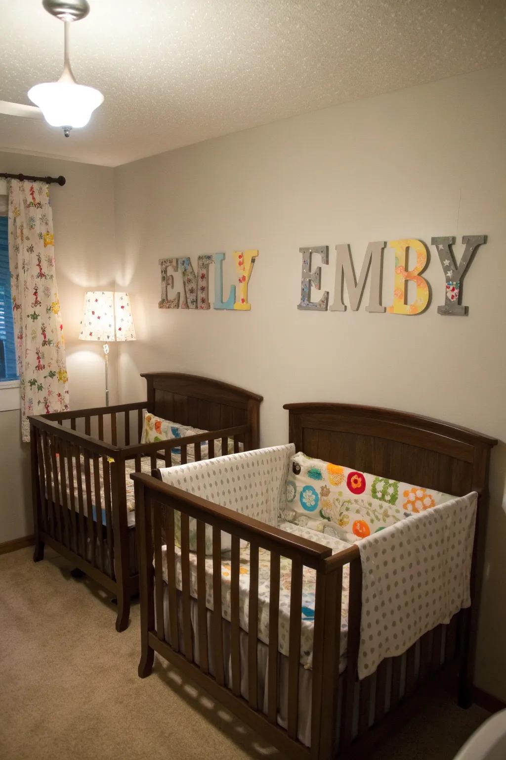 Customized wall art adds a distinctive touch to each twin's personal area.