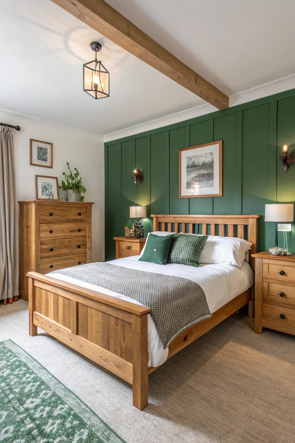 A serene bedroom with evergreen and white walls, inspired by the natural world.