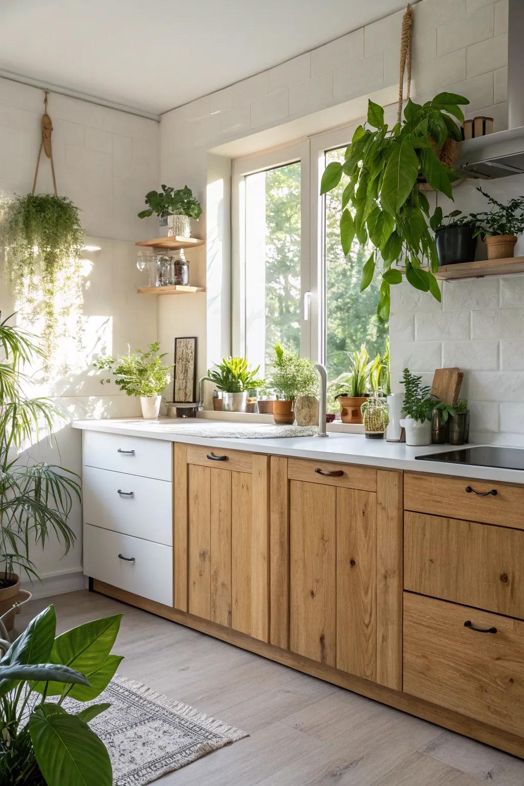 A cozy timber and alabaster kitchen that welcomes nature indoors.