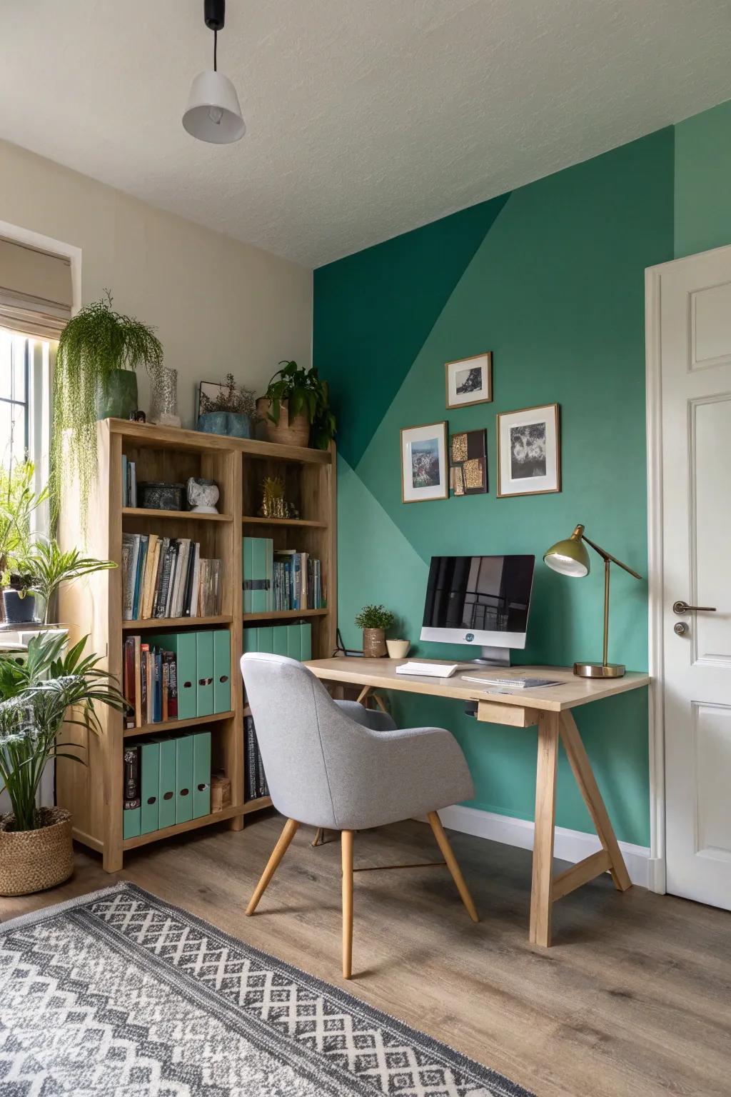 The dynamic office space showcases a sage and teal vertical partition.