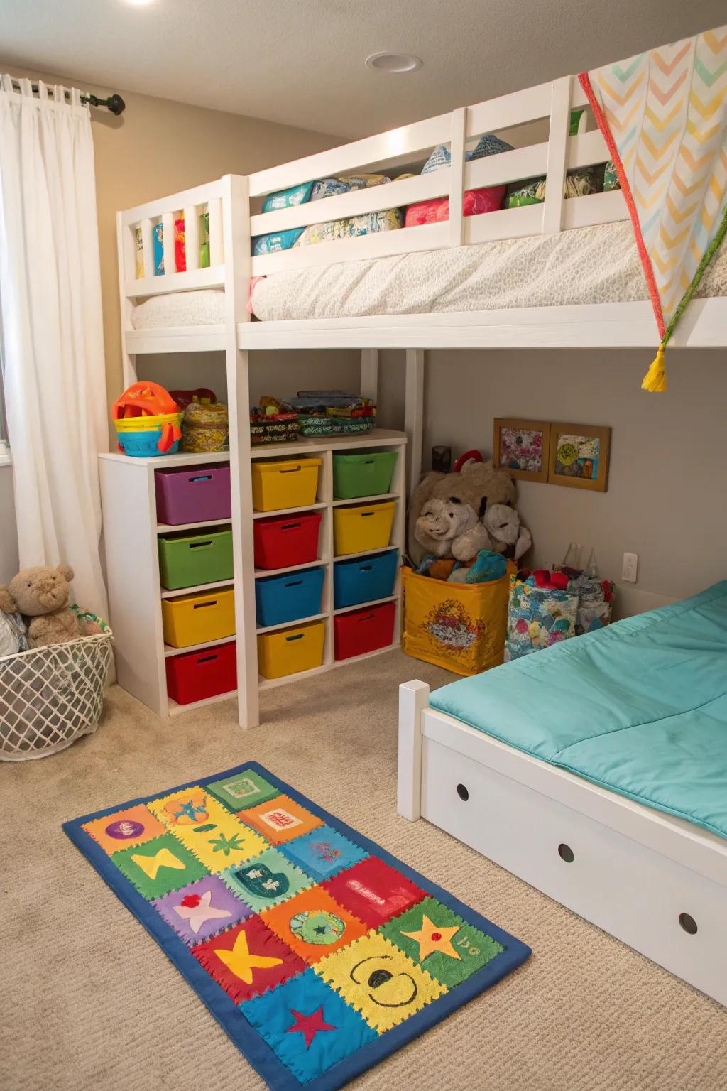 A creative playroom beneath the bunk bed.