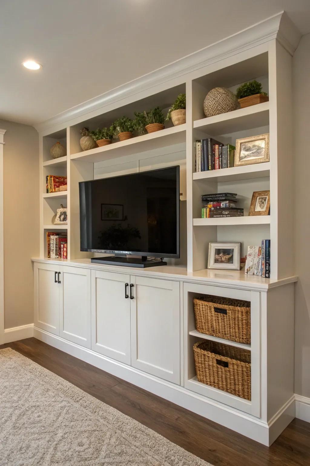 A custom hutch delivers elegance and usefulness beneath your television.