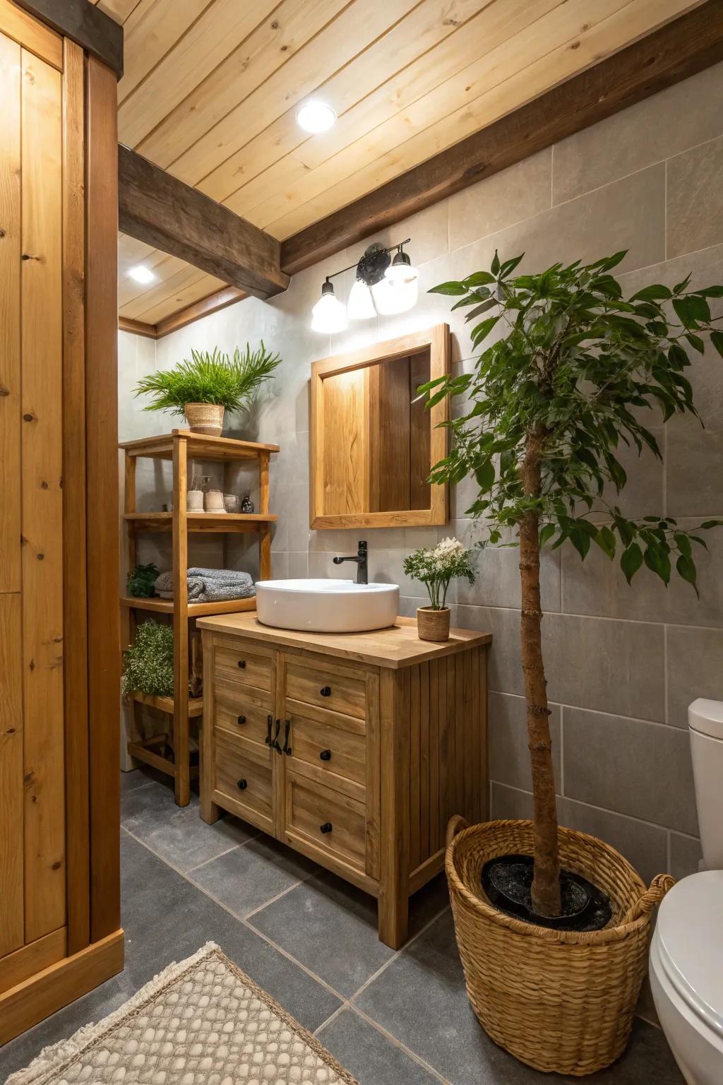 Bring the outdoors in with wood and plants.