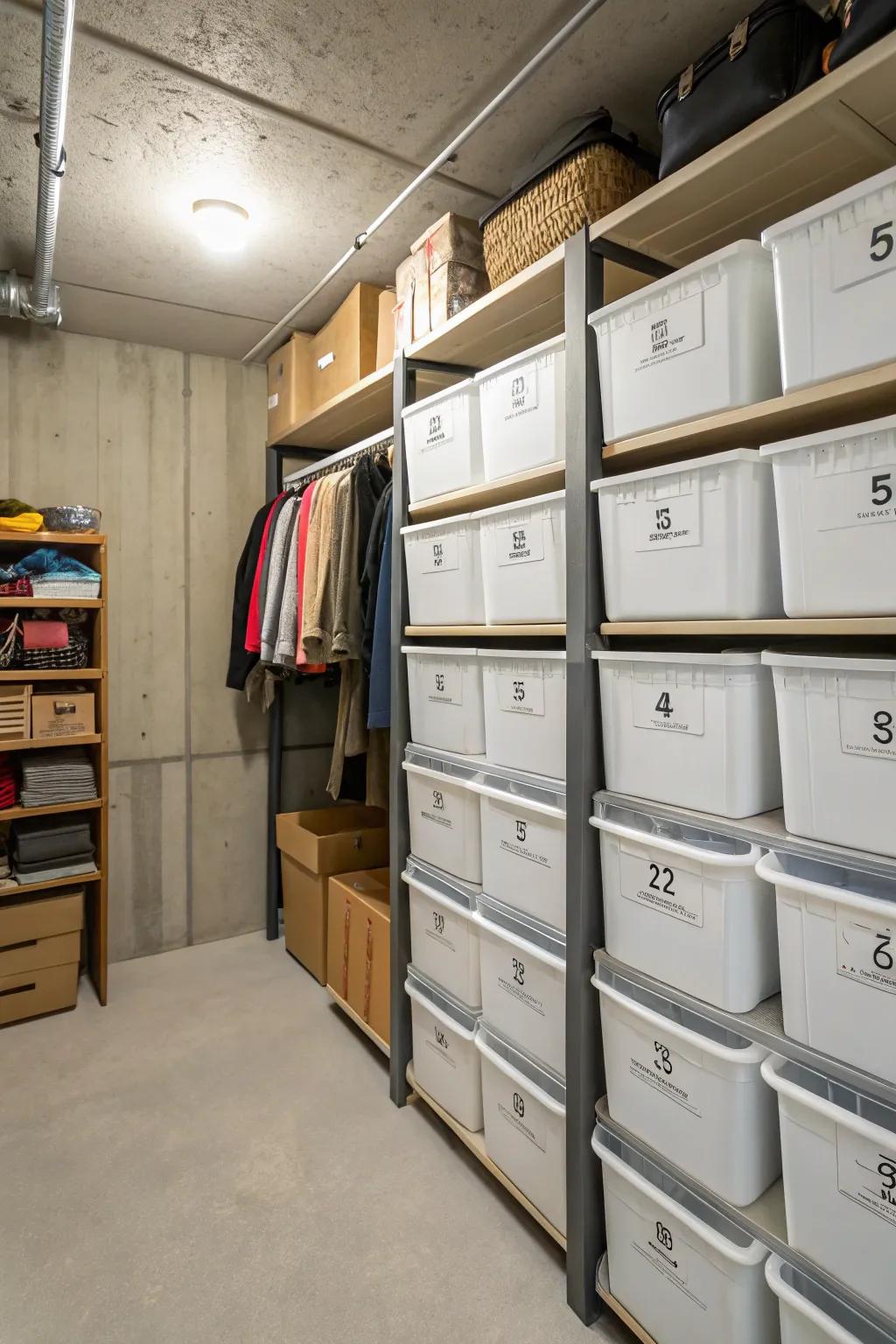 Labeled containers keep everything organized and easy to locate.
