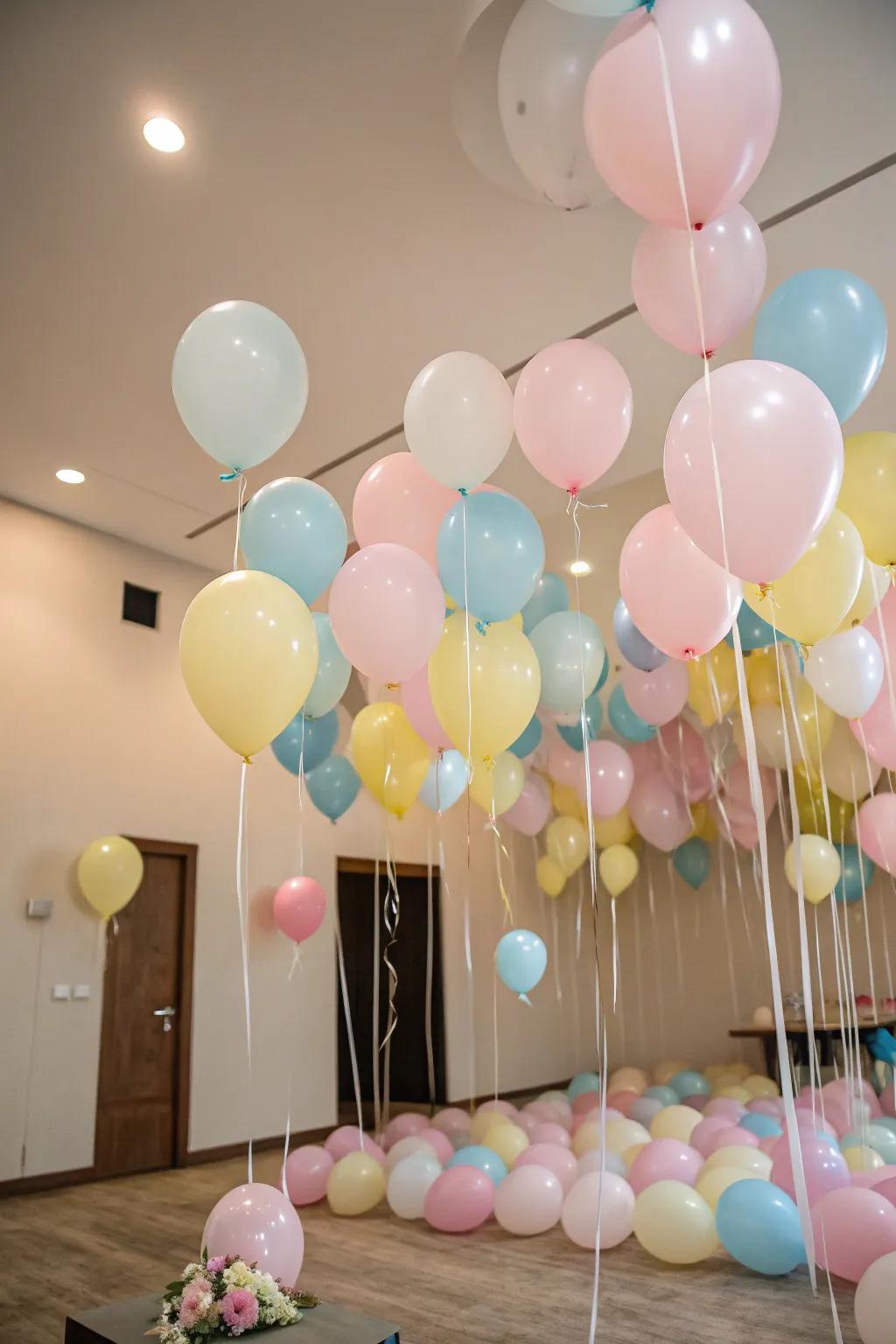 Soft-hued spheres establishing a whimsical unicorn party panorama.