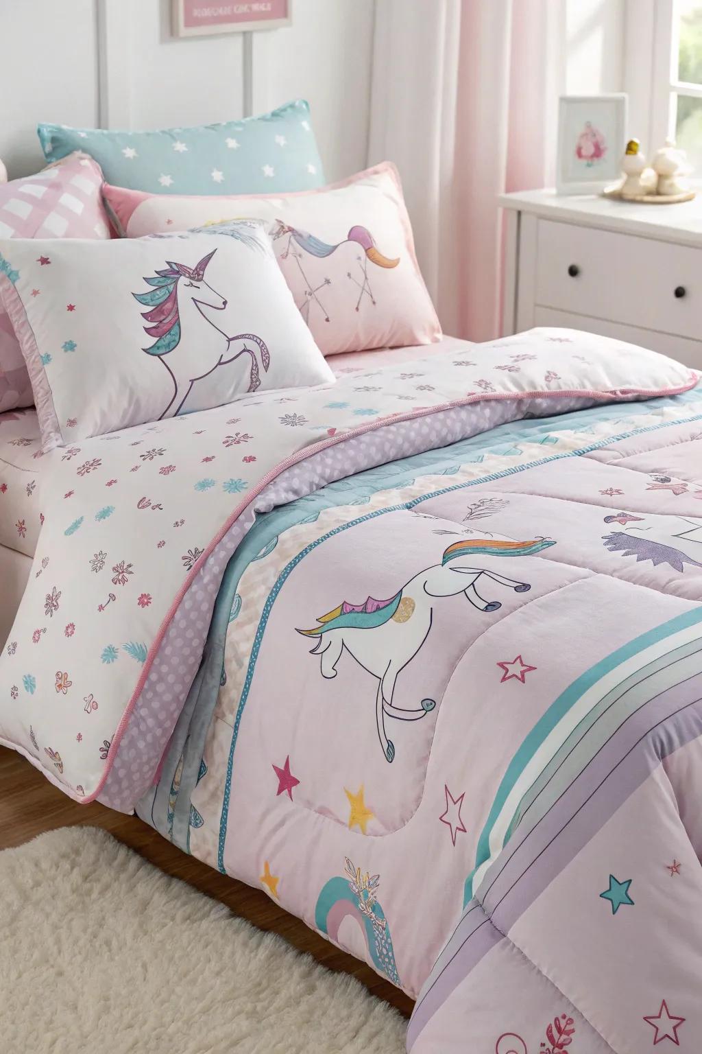Soft, plush bedding invites sweet dreams of magical creatures.